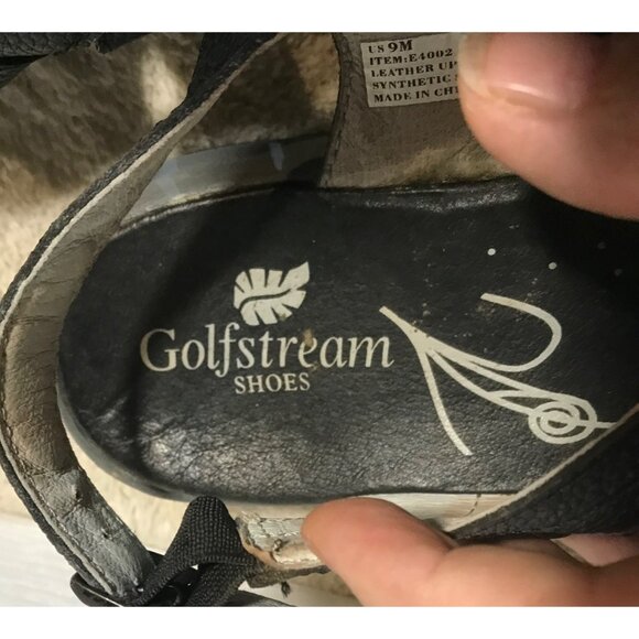 Golfstream Womens  Black Leather Strappy Sandals Size 9M With Floral Sole Design - Picture 7 of 14